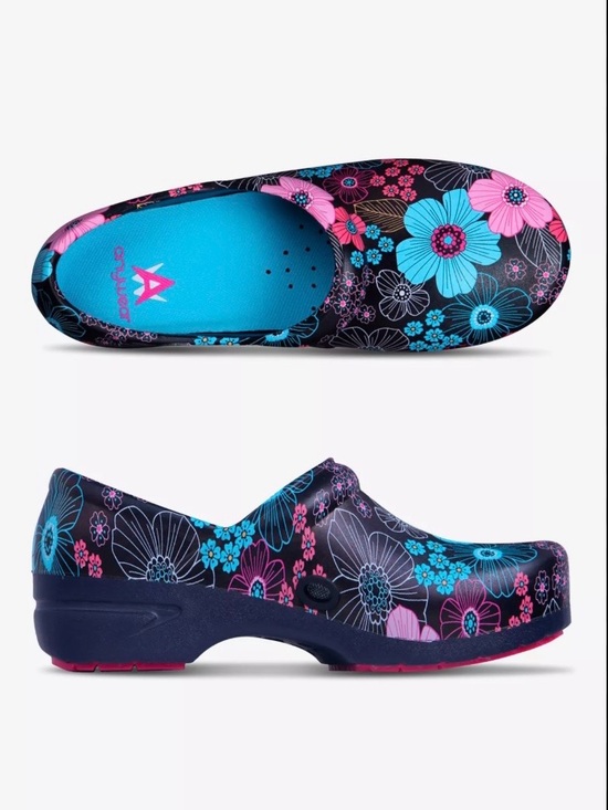 Anywear Shoes - Anywear Nurse Clogs Slip Resistant Work Shoes with Pink & Blue Flowers Size 8